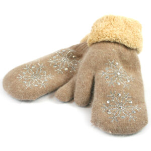 Super Soft Knitted Woollen Mitten Glove with Faux Fur and Snowflake Design - taupe