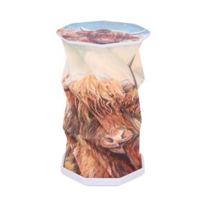 Tall fabric storage hamper with a printed highland cow image, white base, and matching lid top. It appears to be a decorative laundry or toy hamper.