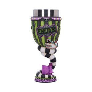 Beetlejuice-themed decorative goblet with a green striped cup, a black-and-white striped snake winding around it, and a purple base with a small haunted house.