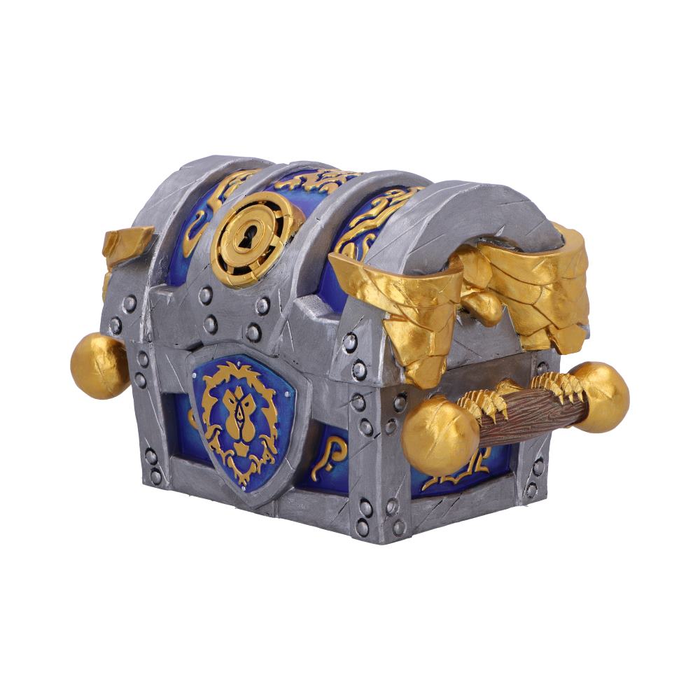 Fantasy armored treasure chest with gray metal, blue panels, and gold accents, featuring a lion emblem on the side.