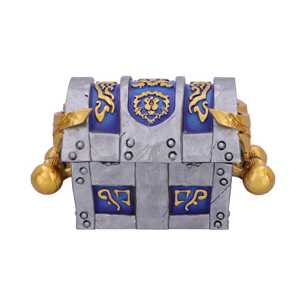Silver-gray treasure chest with blue panels, gold trim, and round gold knobs on the sides.