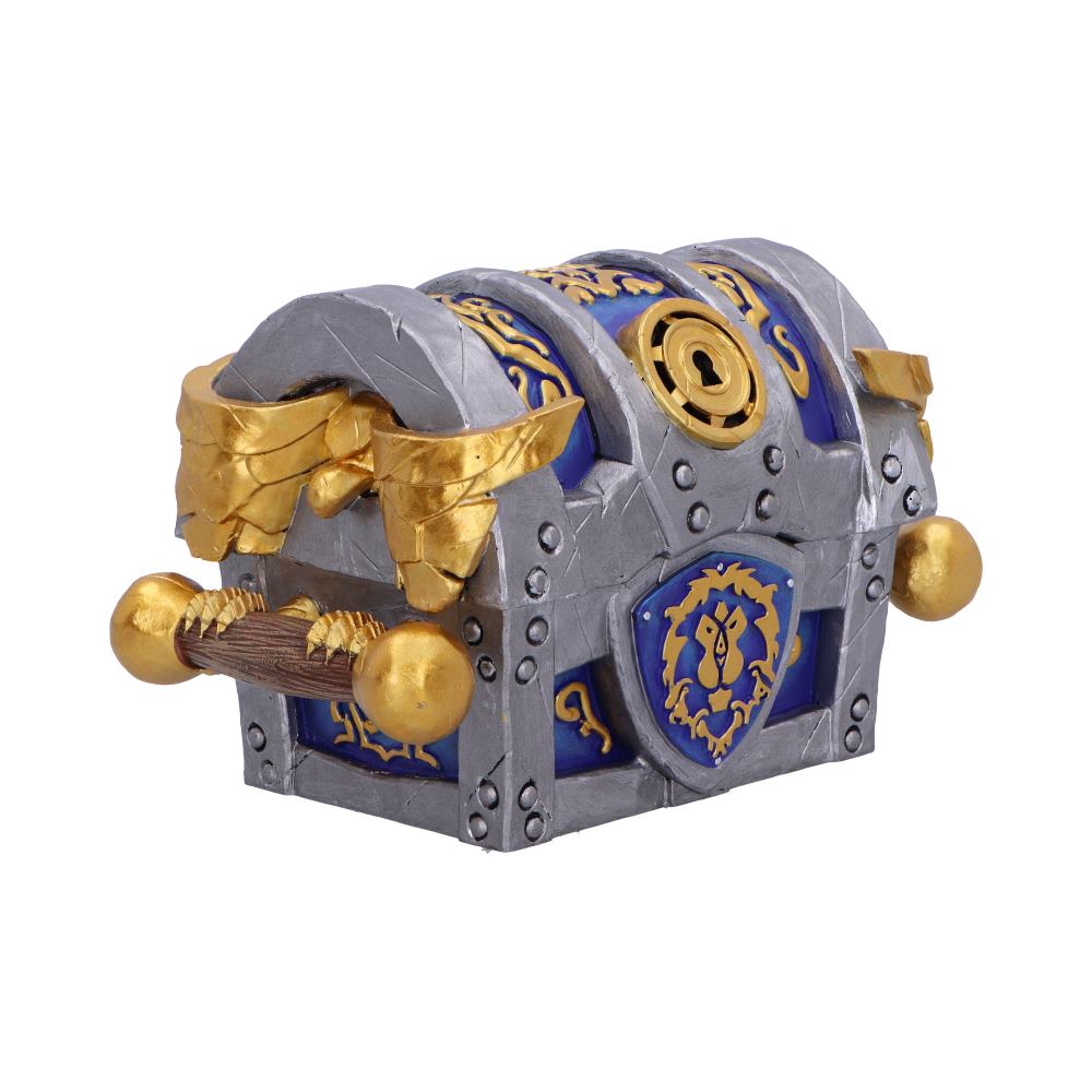Fantasy treasure chest with gray metal body, blue panels, and gold accents, featuring a central lion crest.