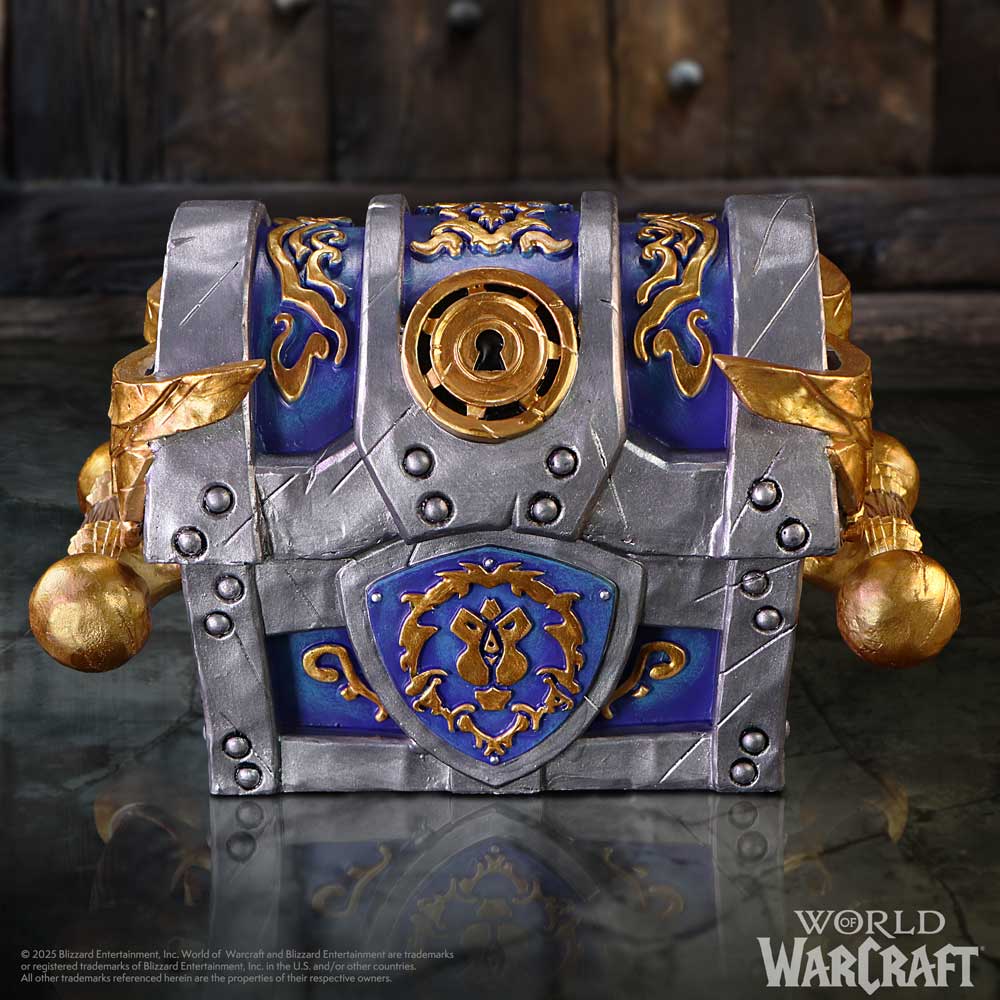 Fantasy treasure chest with blue and gold designs and a central keyhole lock.
