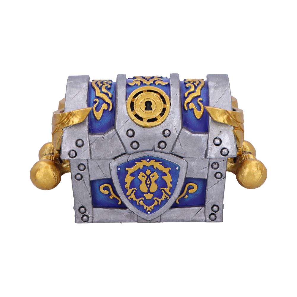 Decorative treasure chest with blue panels, gold trim, a circular lock, and a lion crest.