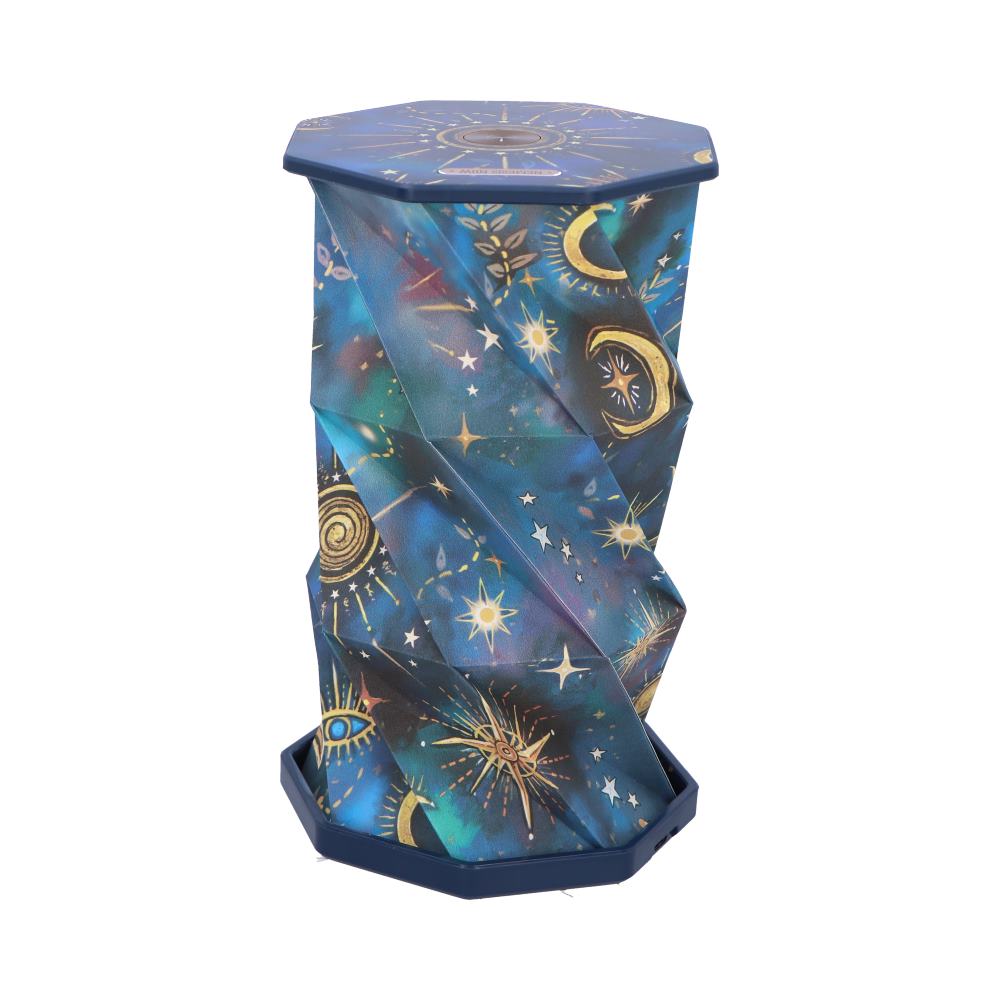 Blue space-themed trash can with a hexagonal lid and a sculpted, spiraled body; features stars, moons, and cosmic prints for a decorative waste bin