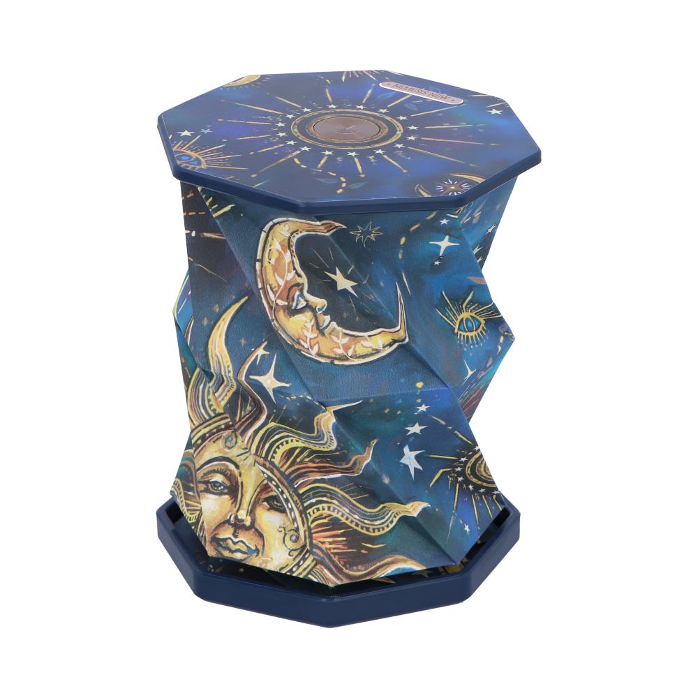 Celestial-themed collapsible fabric stool with blue starry print, featuring sun and moon motifs, octagonal navy top and base
