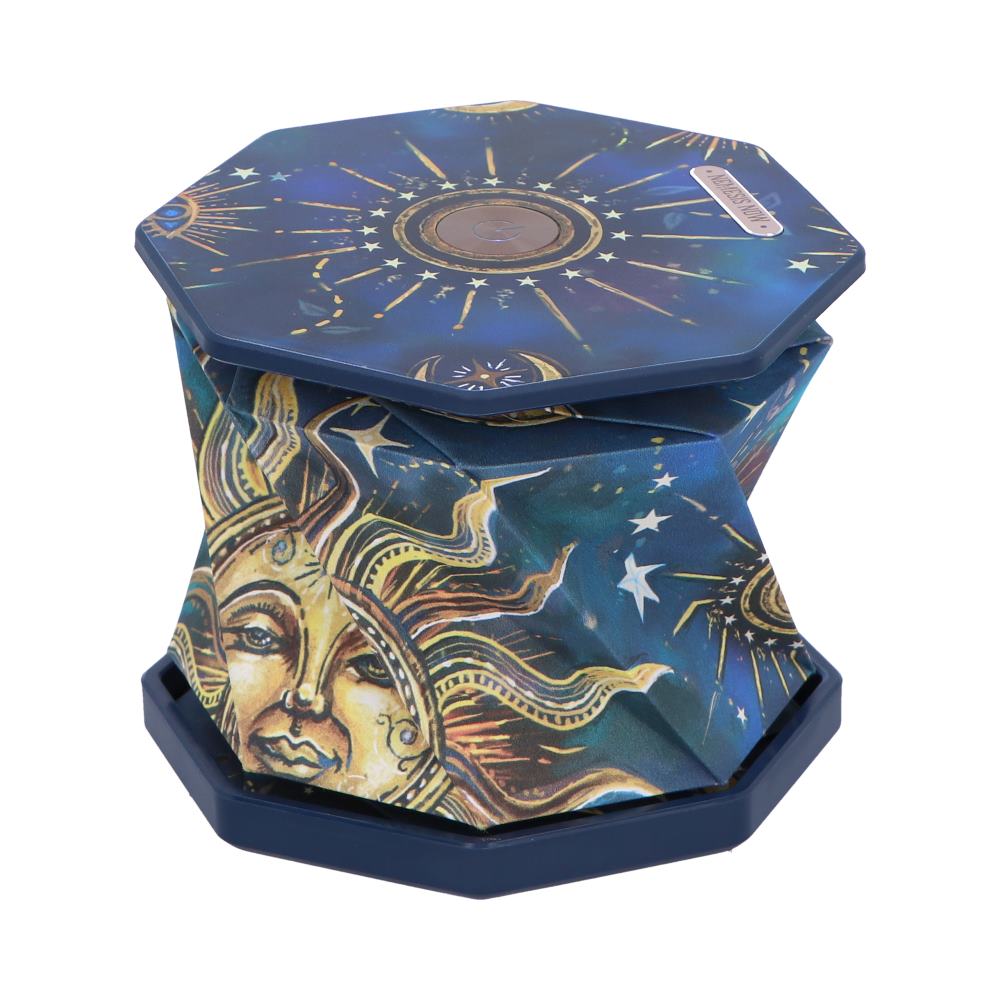 Blue celestial-pattern portable stool with sun face and star motifs.