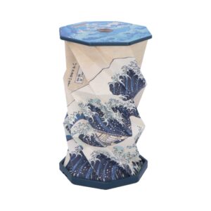 Decorative wastebasket with an octagonal shape and a blue wave print on beige panels, blue lid whisked shape.