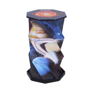 Space-themed, twisted hexagonal column sculpture with planetary imagery on a black base and lid (decorative pedestal).