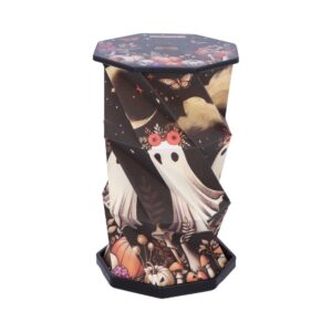 Decorative Halloween tissue box cover with a hexagonal top and bottom, featuring ghosts, pumpkins, flowers, and a dark autumn pattern.