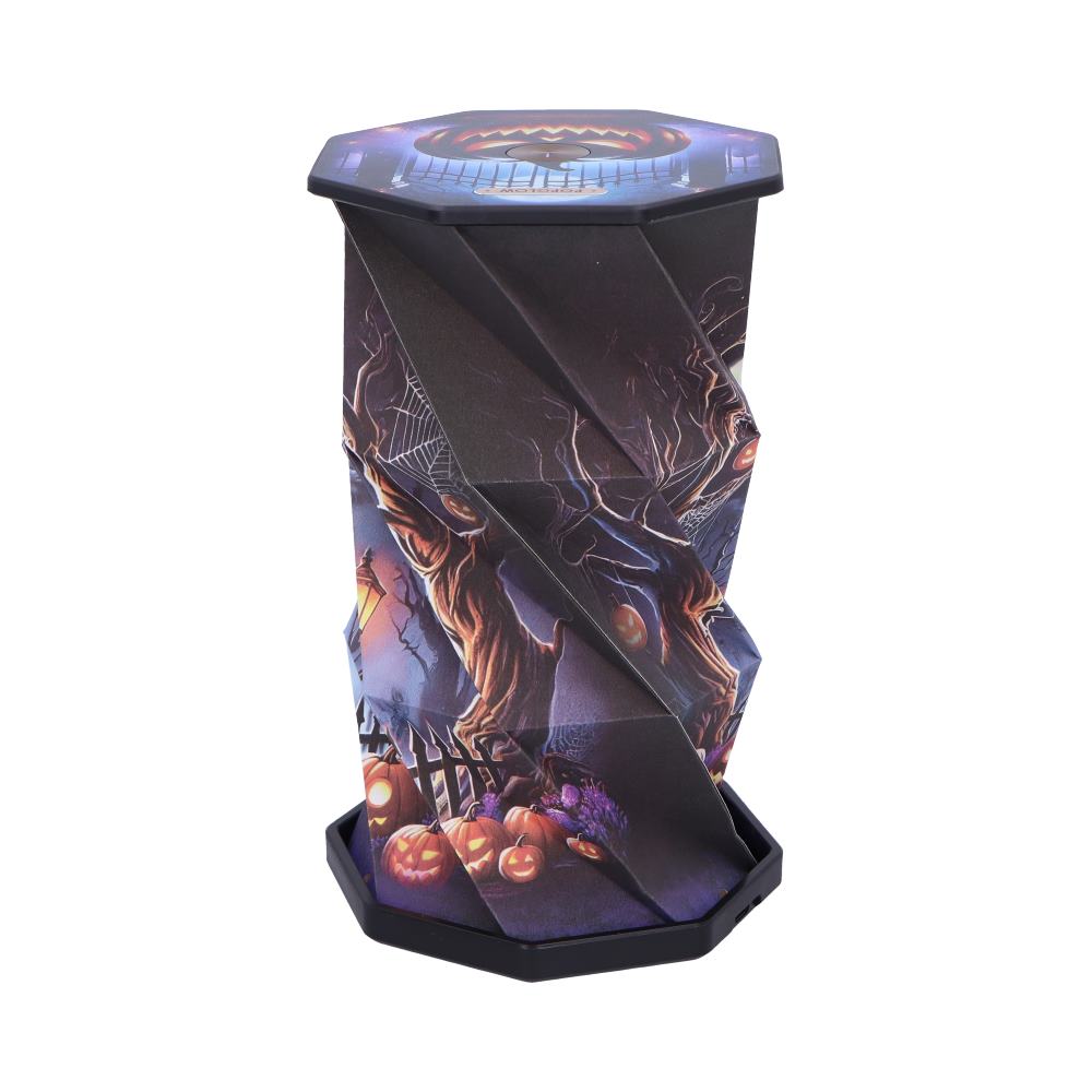 Halloween-themed decorative cardboard pedestal with pumpkin graphics and spooky scenery, top lid present for a party display.
