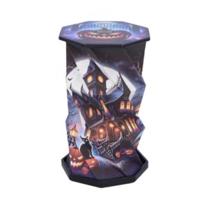 Folding Halloween trash can featuring a haunted house and pumpkins in a spooky night scene.