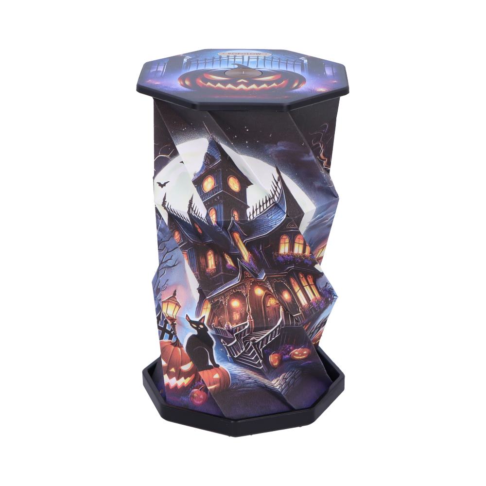 Folding Halloween trash can featuring a haunted house and pumpkins in a spooky night scene.