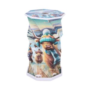 Colorful llama-themed waste bin with a white lid and base, standing upright.