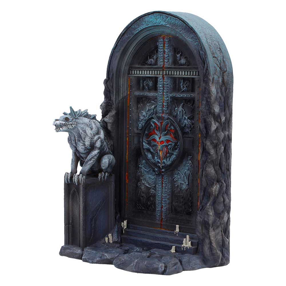 Fantasy dungeon doorway with dragon statue guarding a dark, ornate door set in a rocky archway. Red runes run down the center cresting a sinister emblem to convey danger.
