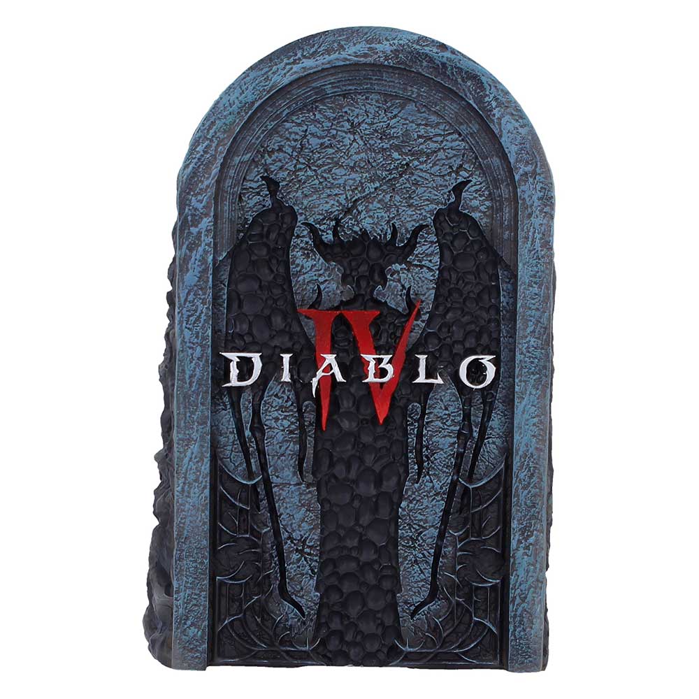Tombstone-shaped sculpture with a dark winged design and the Diablo IV logo in red.