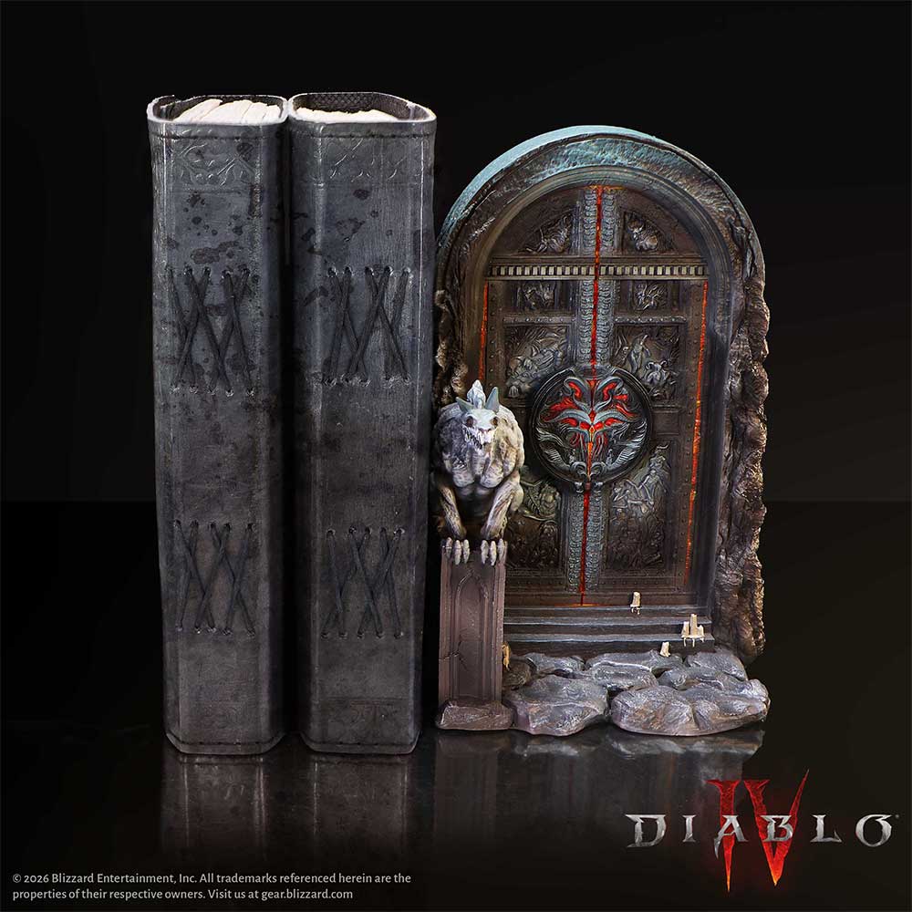 Two dark, old books beside a gothic arch and gargoyle statue, set with a stone doorway, logo diablo Iv in the corner (collectible diorama).