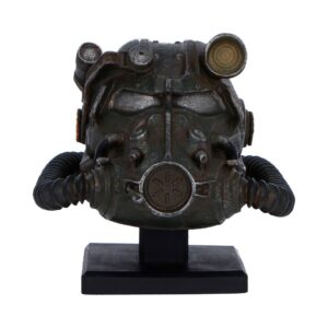 Decorative bust of a gas mask with twin hoses mounted on a square display pedestal