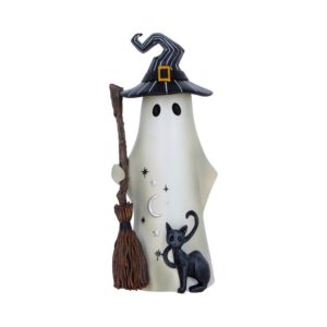 Whimsical ghost figurine wearing a striped witch hat, holding a broom, with a black cat, moon, and stars motif for Halloween decoration.