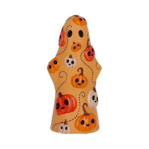 Decorative orange ghost-shaped figurine covered in small pumpkin faces and dotted trail patterns.