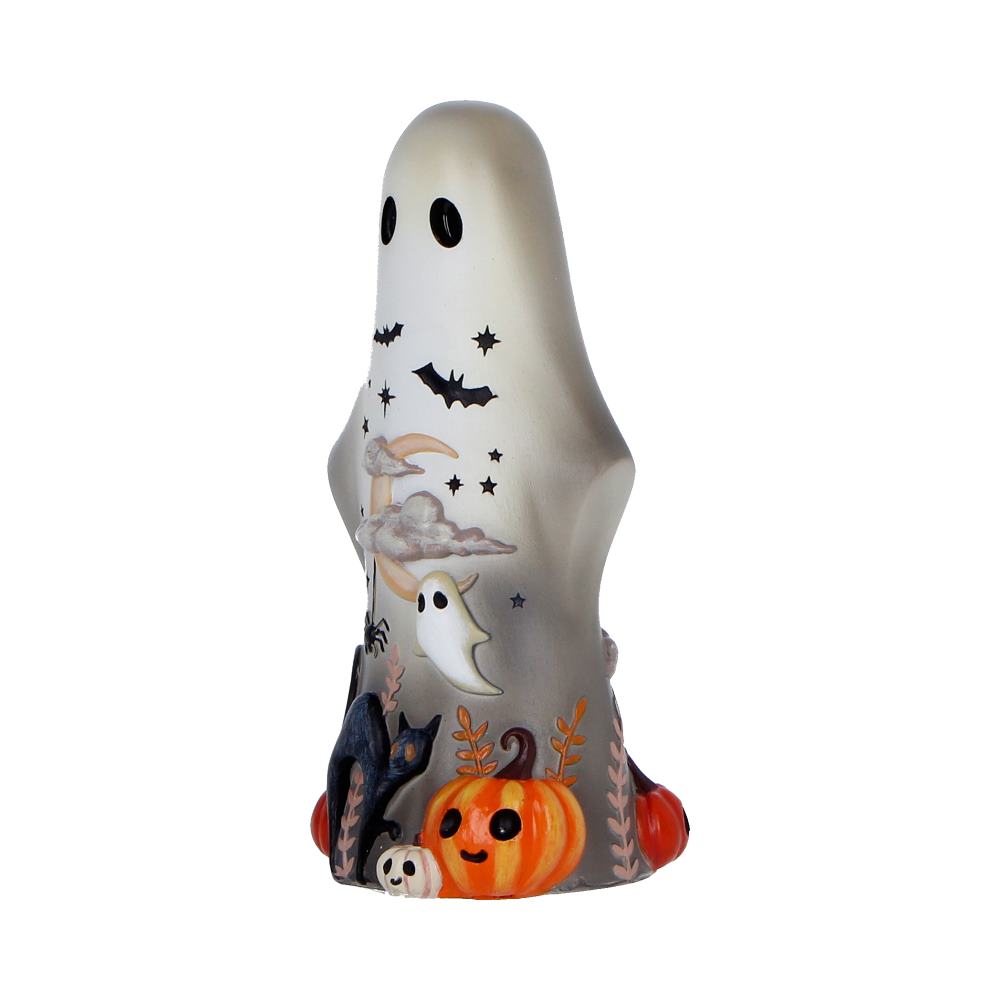 Whimsical Halloween ghost figurine with pumpkins at its base; white, with black eyes and bats, surrounded by stars.