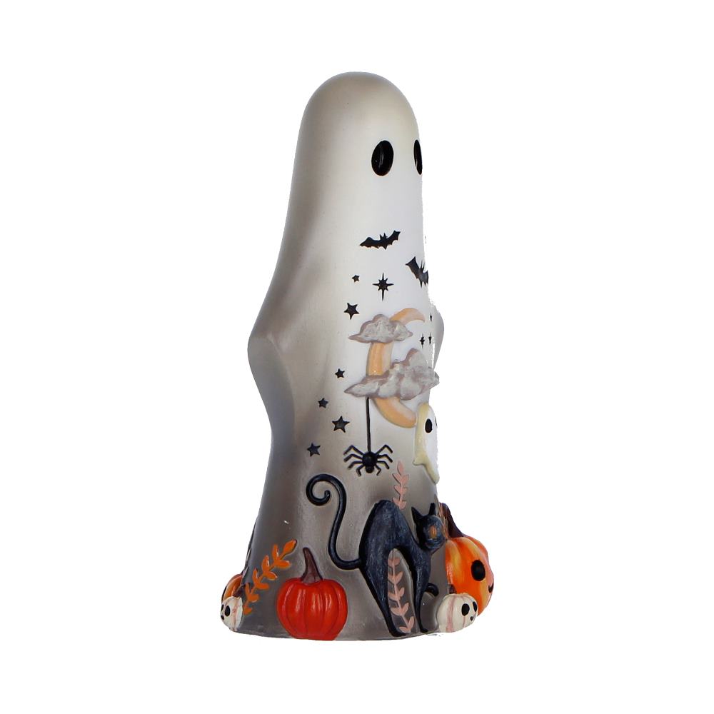 Whimsical ghost Halloween statue with pumpkins, a black cat, and bats at the base on a spooky scene