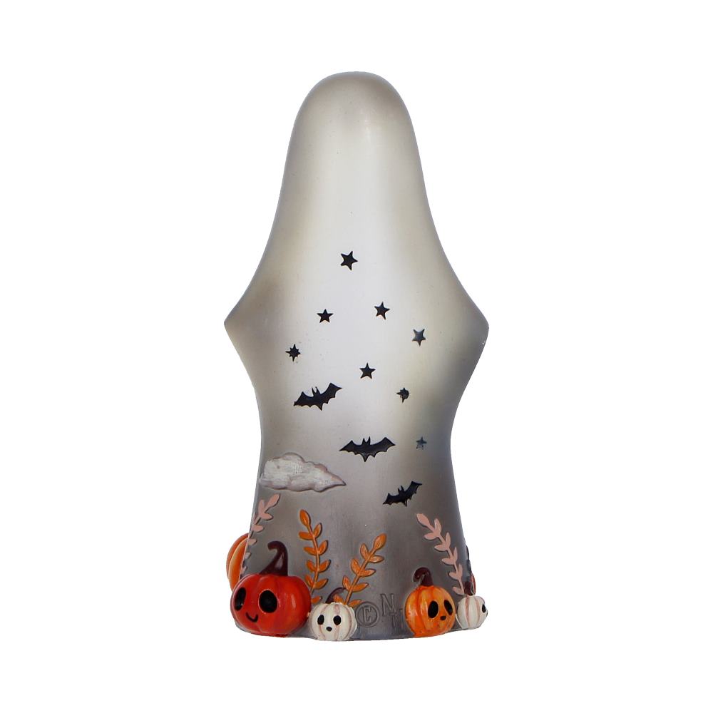 Decorative Halloween ghost lantern with pumpkins around the base and bats and stars on a silver body.