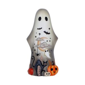Halloween ghost figurine with pumpkins, a black cat, and a moon in a spooky scene.