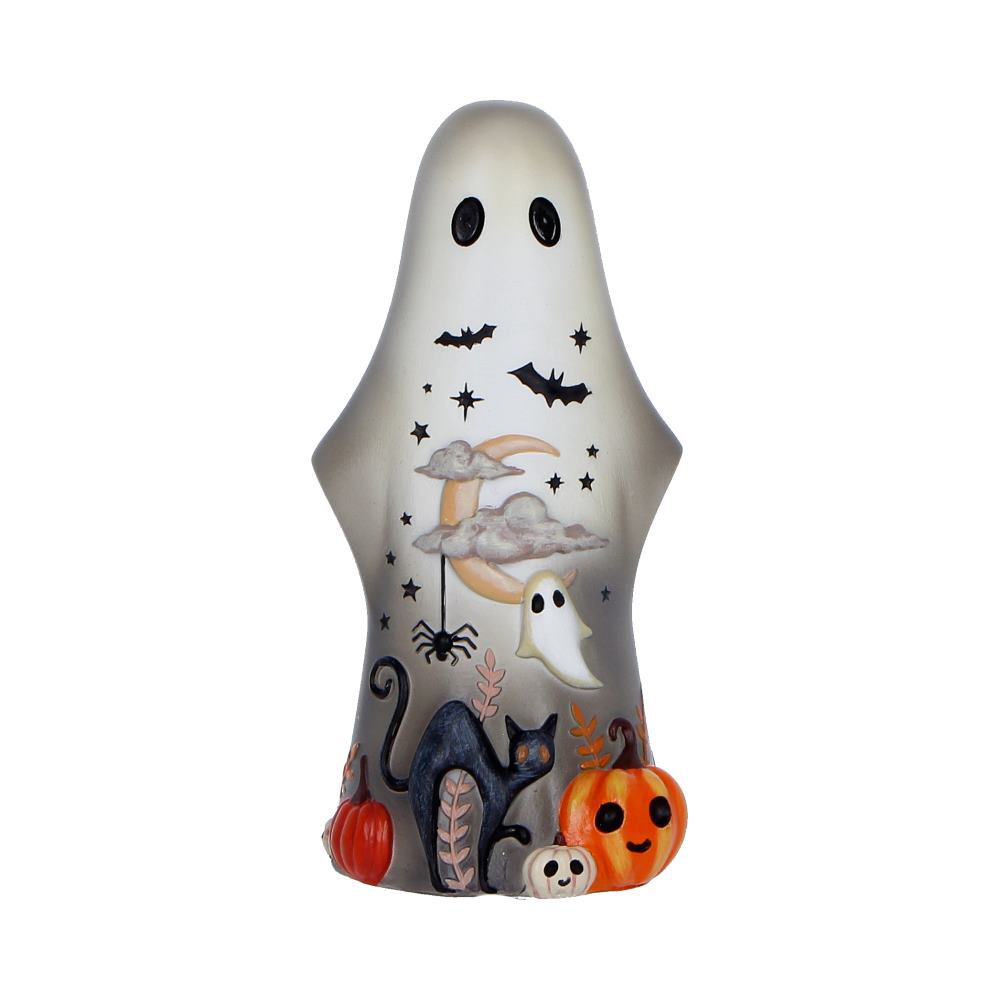 Halloween ghost figurine with pumpkins, a black cat, and a moon in a spooky scene.