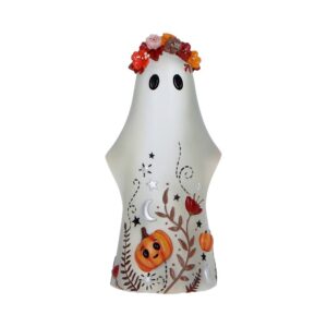 Decorative ghost figurine with a flower crown and autumnal motifs, featuring pumpkins and stars on its dress