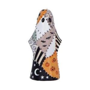 Quilted Halloween ghost sculpture with patchwork panels and pumpkin/bats motifs.