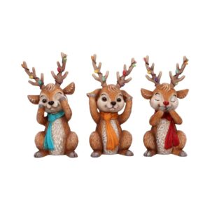 Three cute reindeer figurines with colorful scarf accents and twig-like antlers adorned with multicolored lights.