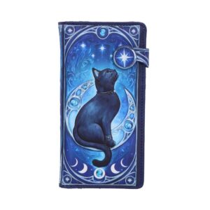 Blue wallet featuring a black cat sitting on a crescent moon against a starry night design.