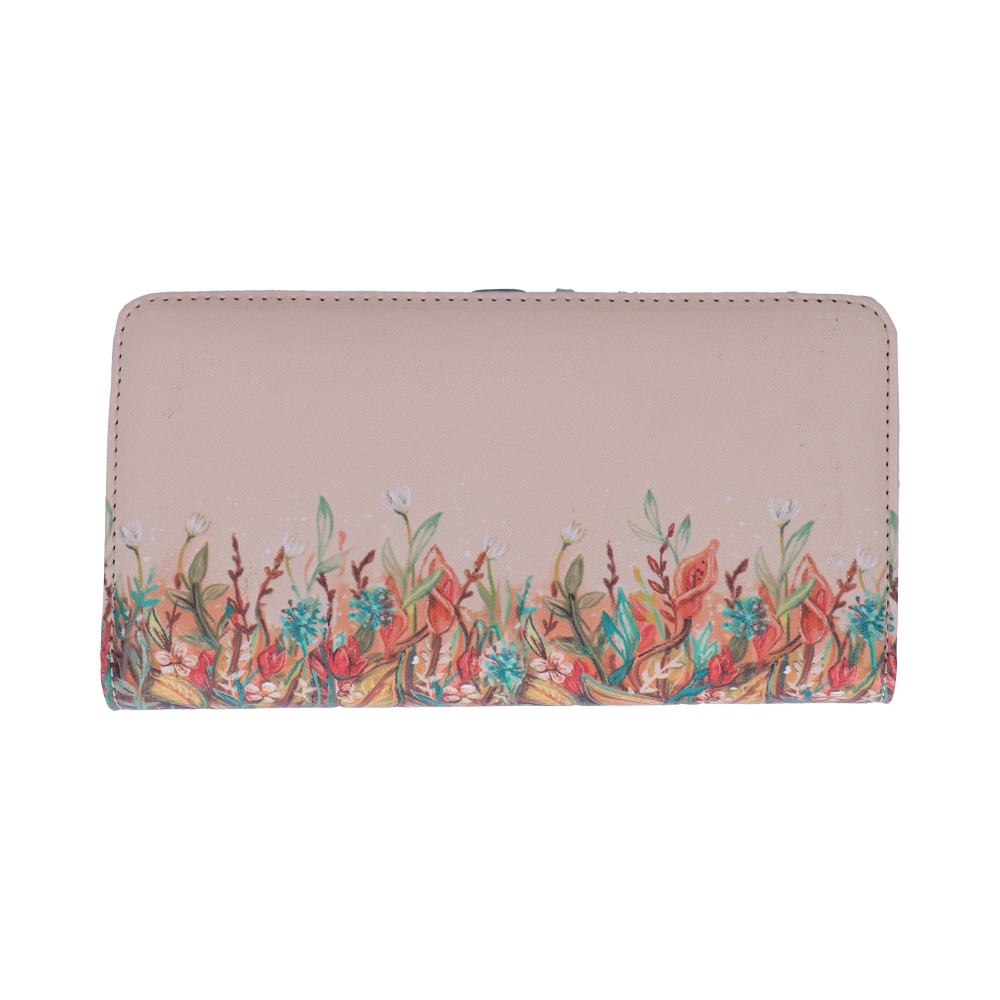 Pink leather wallet with a colorful floral border along the bottom edge.