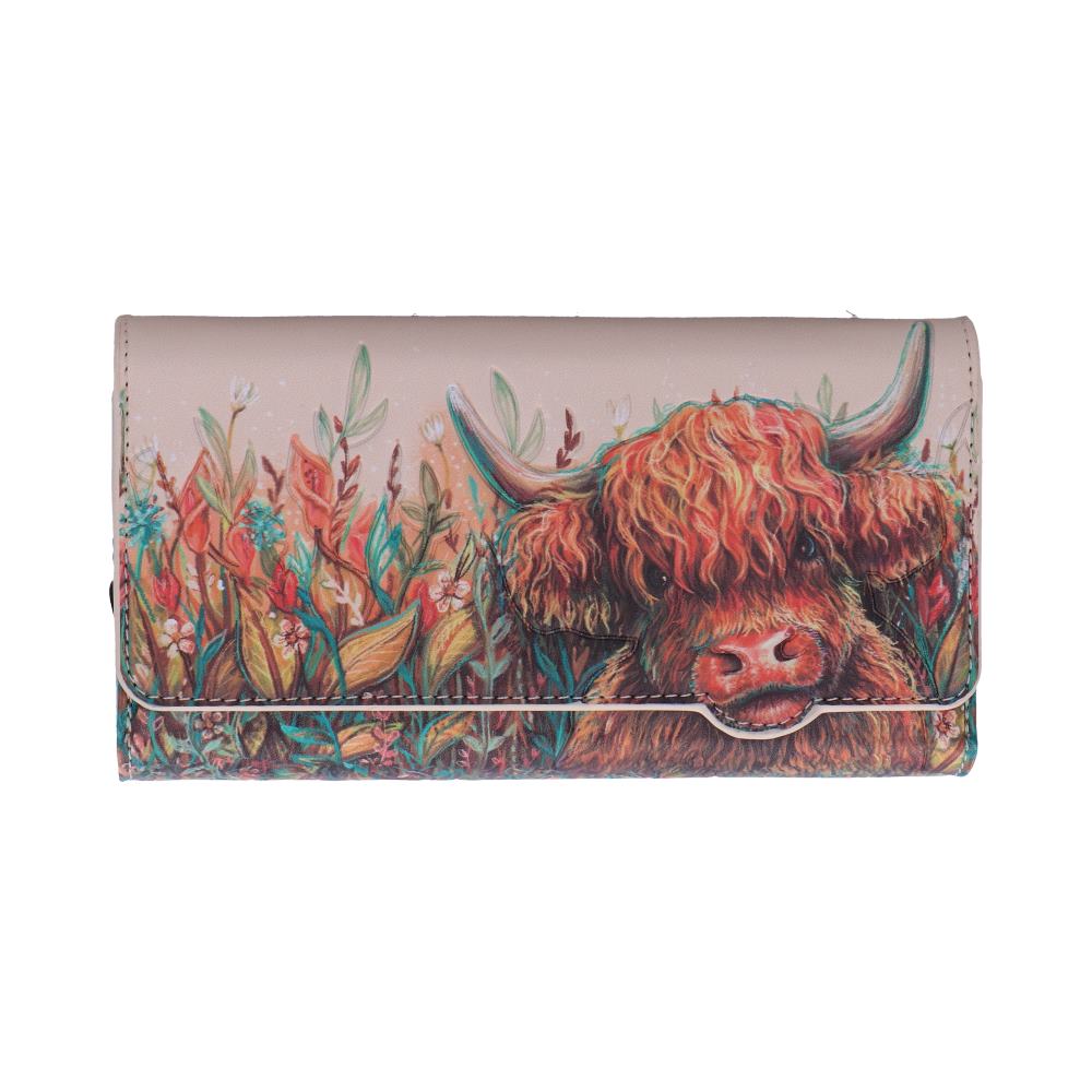 Beige wallet featuring a colorful Highland cow among tall flowers on a light pink background.