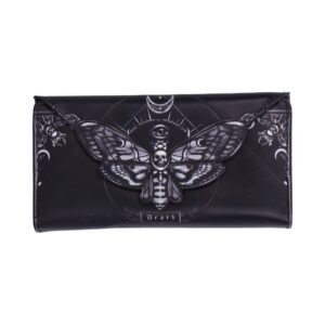 Black wallet with a large grayscale moth skull graphic on the front.