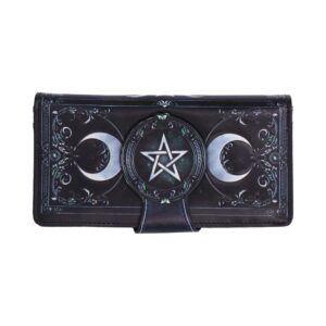 Dark blue wallet with silver crescent moons and a central pentagram emblem on the front.