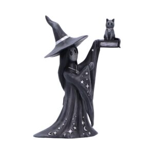 Dark witch figurine wearing a tall hat and flowing starry cloak, holding a wand with a small black cat on a book nearby.