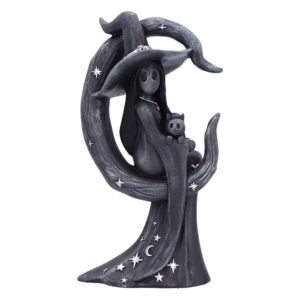 Black statue of a witch in a wide-brim hat, seated inside a crescent moon while holding a small cat, with starry detailing on the dress crescent.