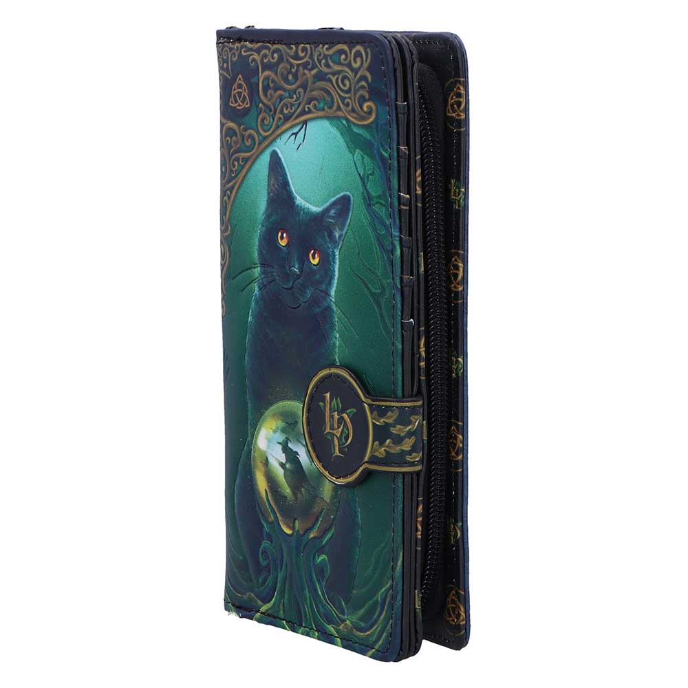 Zippered fantasy wallet with a black cat illustration and gold accents on dark blue-green background