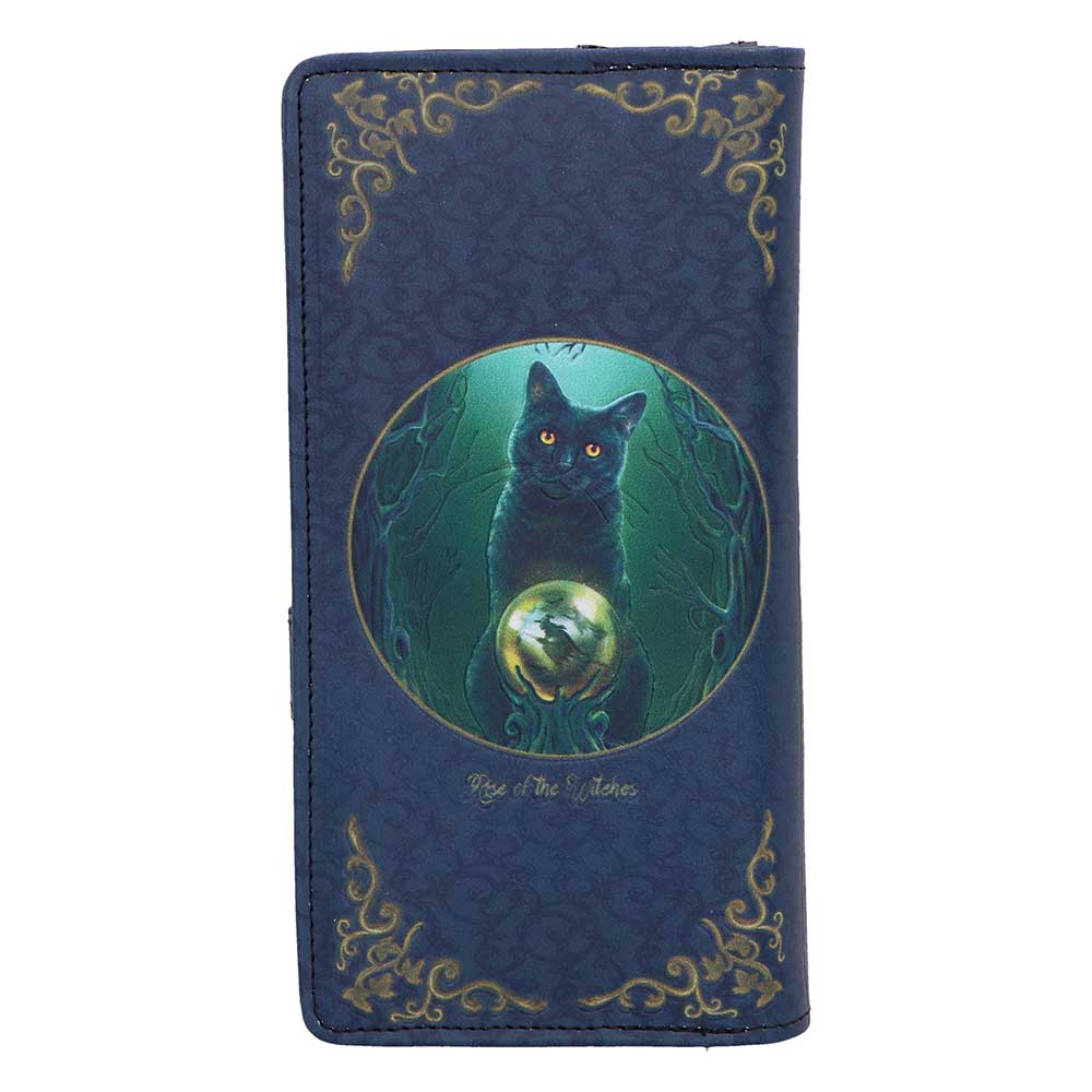 Blue wallet with gold decorative border featuring a circular illustration of a black cat with a glowing orb in a forest.