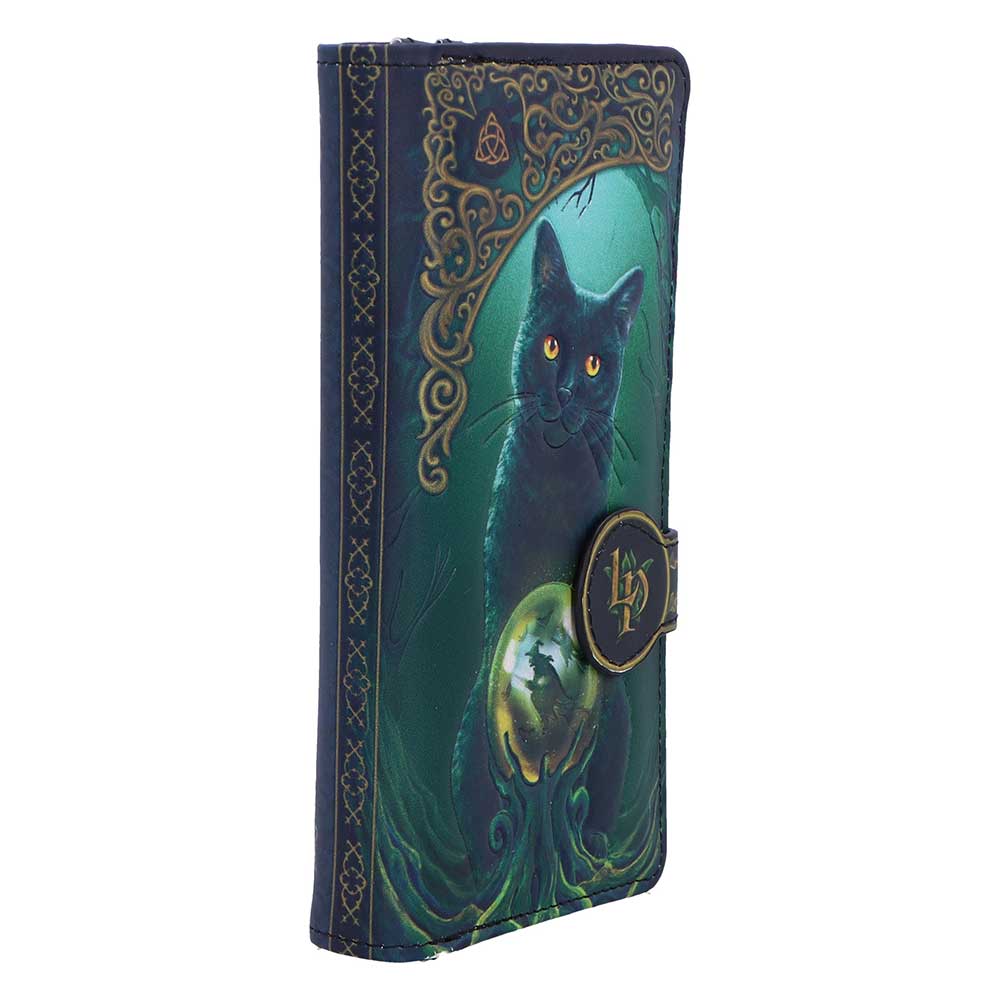 Fantasy-themed notebook cover with a dark teal cat illustration, ornate gold border, and a circular clasp symbol on the front.