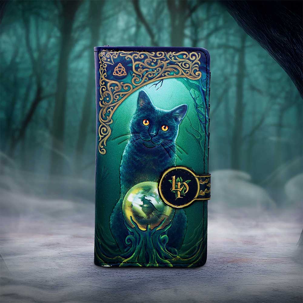 Teal wallet with ornate gold border, a black cat illustration, and a crystal ball emblem against a misty forest backdrop.