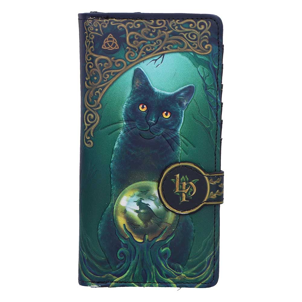 Folio-style wallet featuring a dark green cat with a glowing crystal ball and ornate gold detailing, secured with a clasp strap