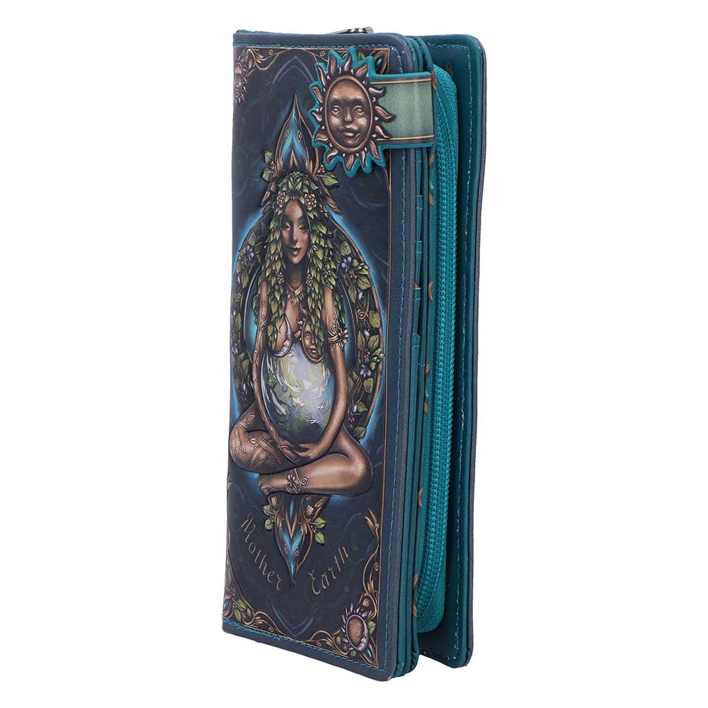 Blue zip wallet featuring fantasy artwork of a woman cradling a globe inside a leafy oval frame, with a sun motif above.