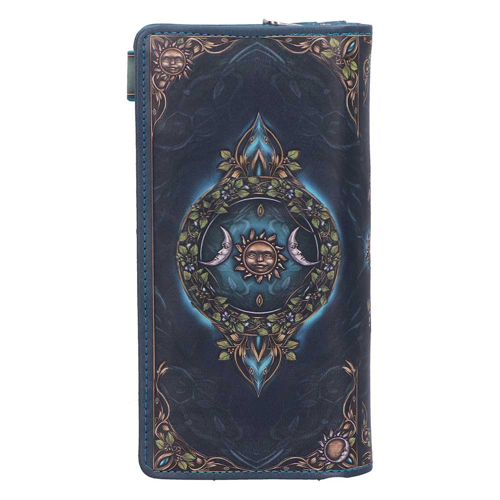 Blue wallet with an ornate circular emblem featuring a sun in the center and crescent moon shapes, surrounded by leaves in blue and green tones.