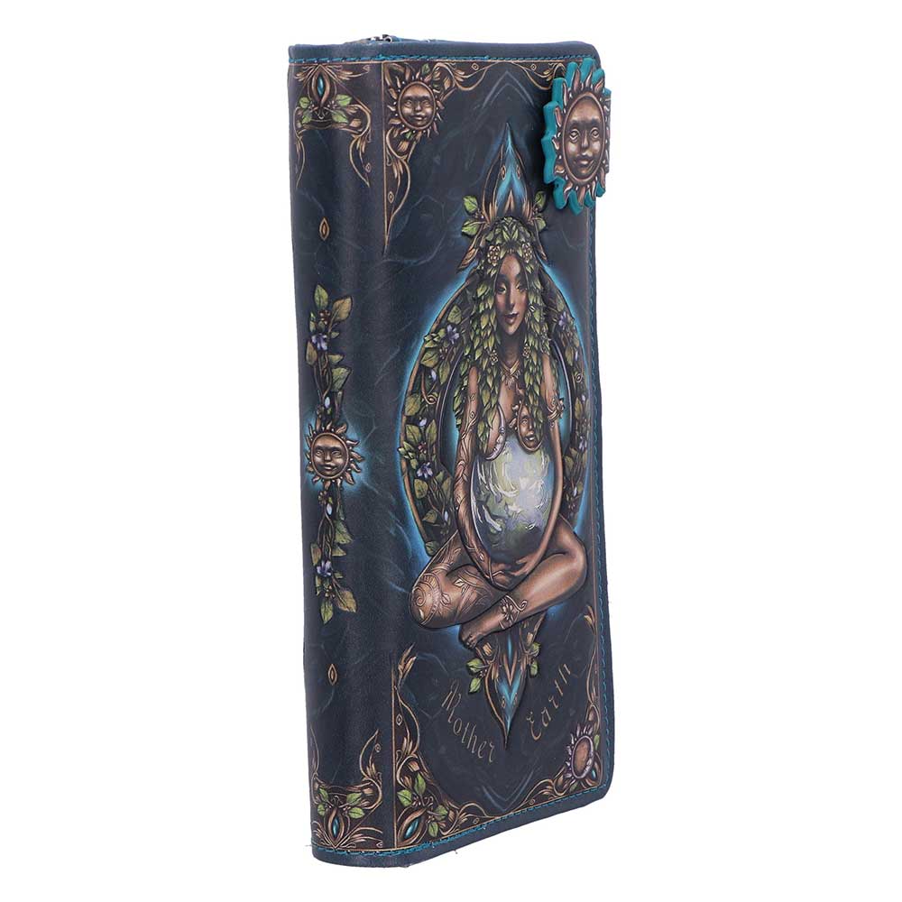 Wallet featuring dark blue art of a pregnant woman framed by leaves and sun faces, in a circular motif.
