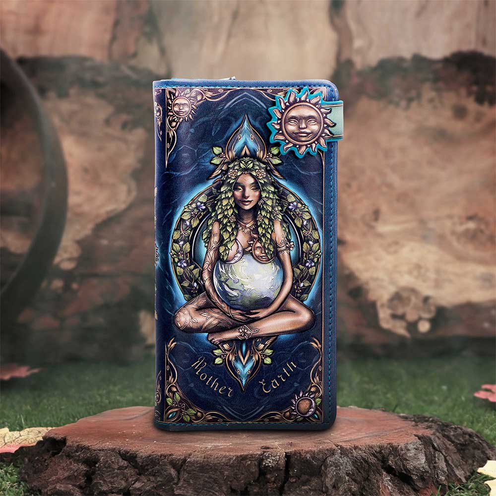 Blue wallet with a fantasy illustration of a pregnant woman wrapped in vines and a globe on her belly, titled 'Mother Earth'.