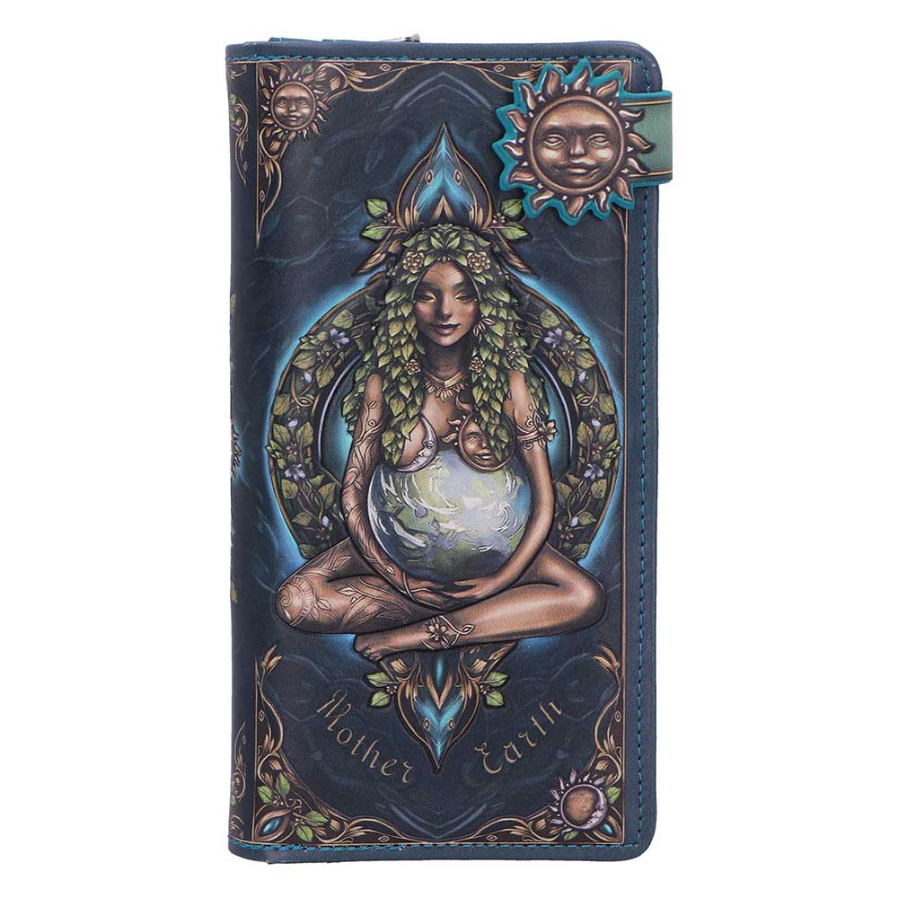 Blue wallet featuring fantasy art of a pregnant woman cradling the Earth, surrounded by vines and sun emblems, with 'Mother Earth' text along the bottom.