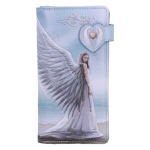 Wallet with a pastel blue design featuring a winged woman in a flowing dress standing on a beach next to a decorative heart emblem.